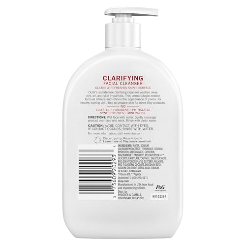 Olay Face Wash, Daily Facial Cleanser with Niacinamide, Peptides & Glycerin - Clarifying, Refreshes Skin Surface, Refines Appearance of Pores - Sulfate-Free, Paraben-Free, Oil-Free, 16 Oz