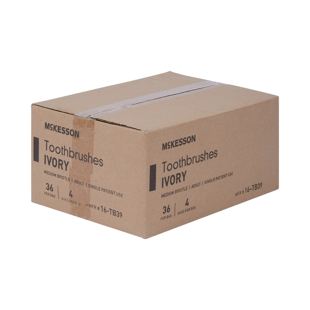 McKesson Toothbrush, Ivory, Medium Bristles, Curved, Individually Wrapped, 144 Count, 10 Packs, 1440 Total