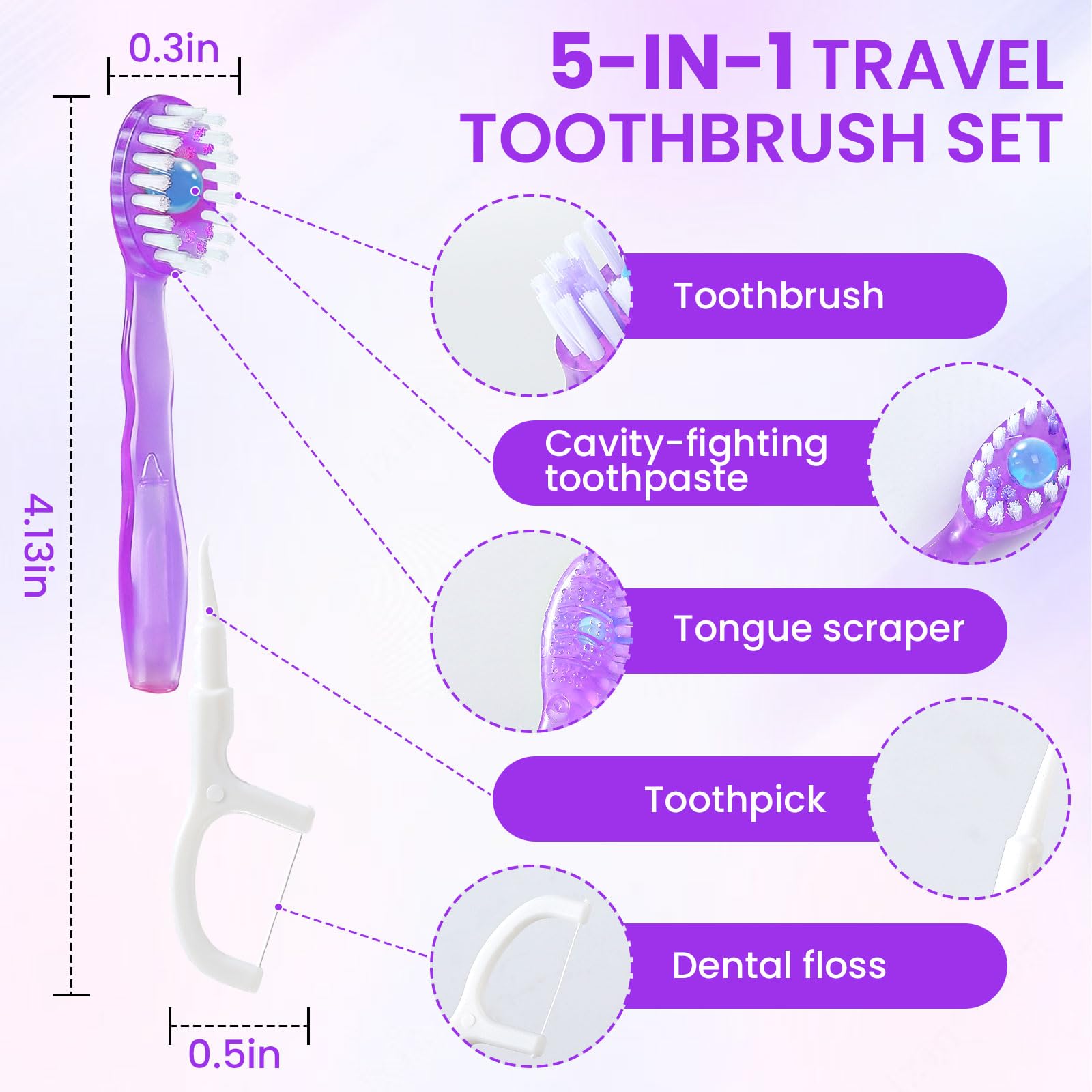 AstrivixDD 5-in-1 Mini Toothbrush Disposable, Waterless Disposable Toothbrushes with Toothpaste, Floss, Tongue Scraper, Toothpick, Prepasted Toothbrushes for Travel Hotel