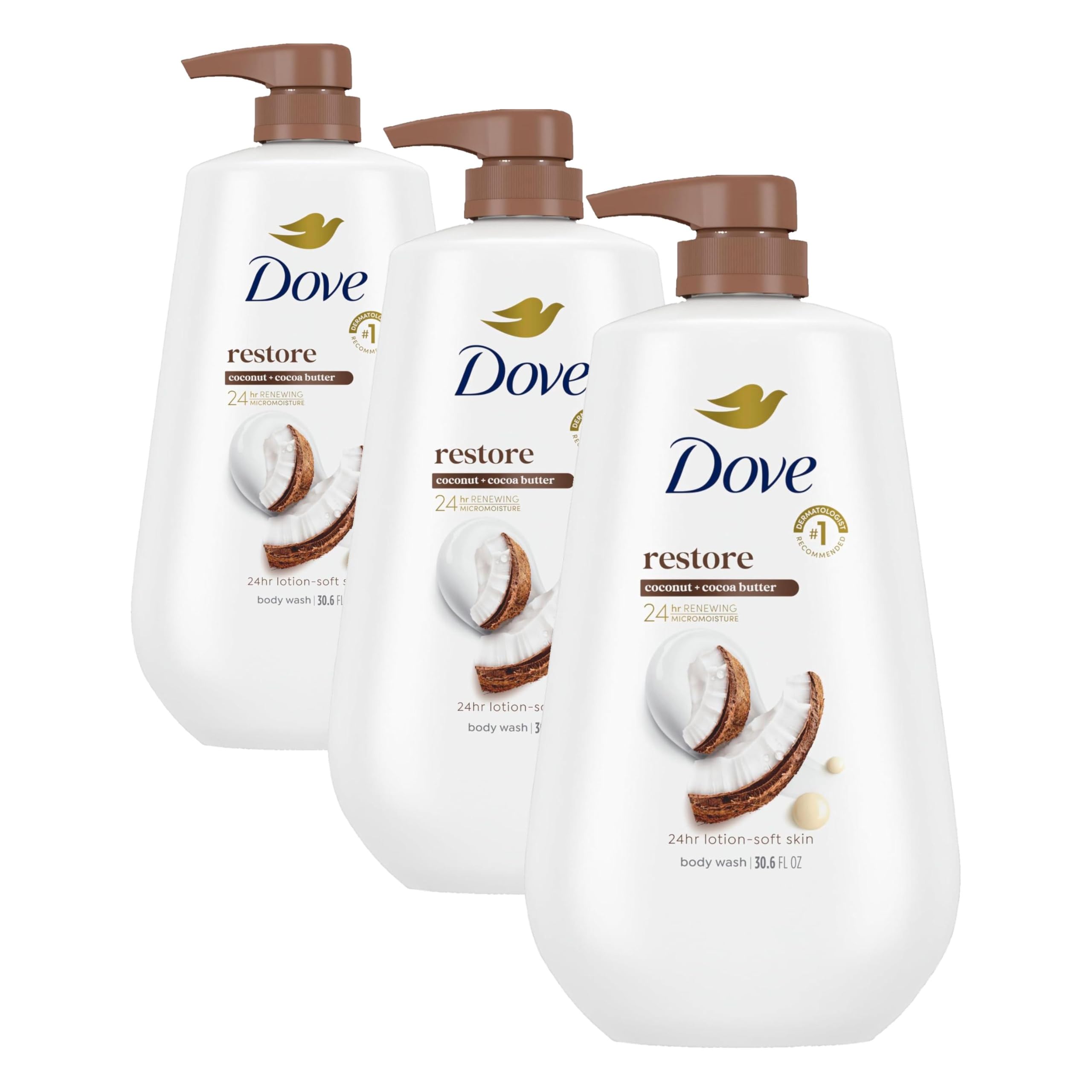 Dove Body Wash with Pump Restore Coconut & Cocoa Butter for 24hr Lotion-Soft Skin Moisturizing Skin Cleanser with No Sulfates No Parabens 30.6 Oz