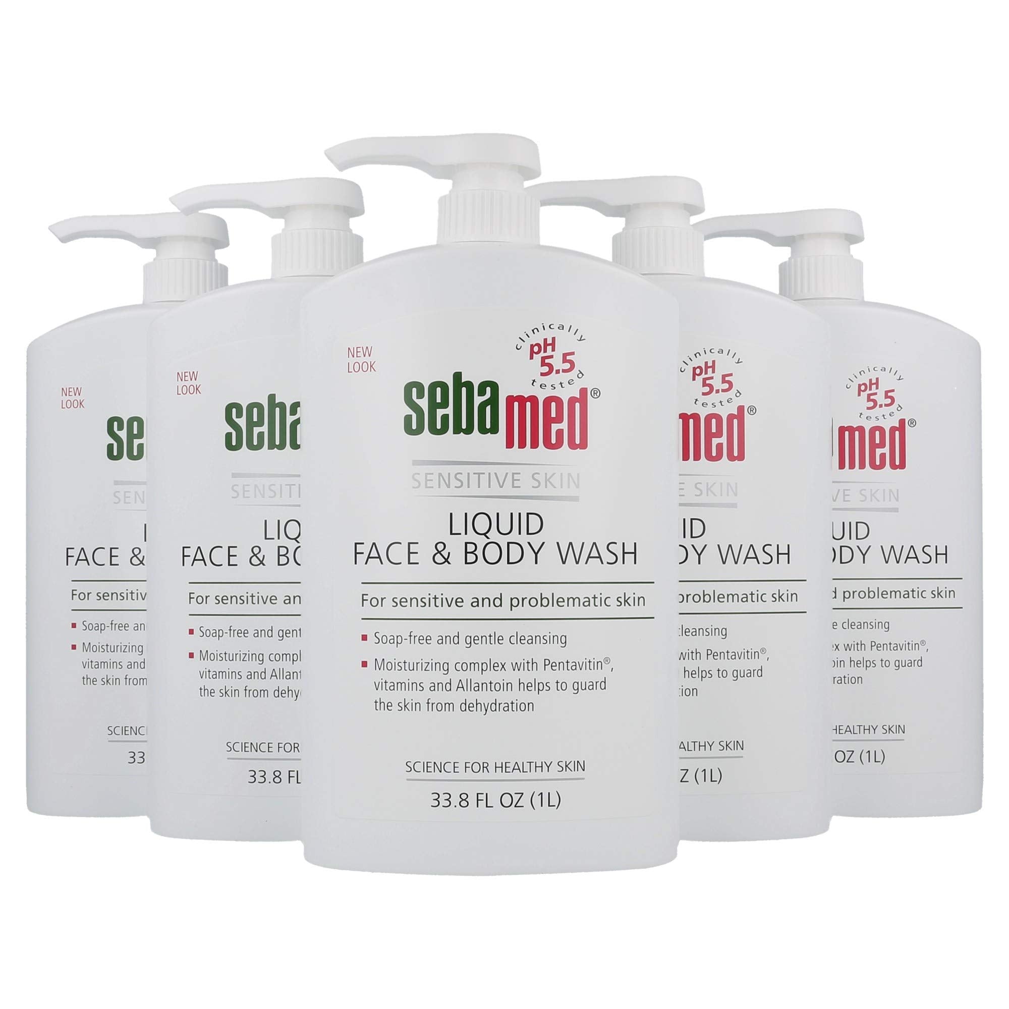 Sebamed Paraben-Free Face and Body Wash With Pump for Sensitive and Delicate Skin pH 5.5 Ultra Mild Dermatologist Recommended Cleanser 33.8 Fluid Ounces (1 Liter) Pack of 5