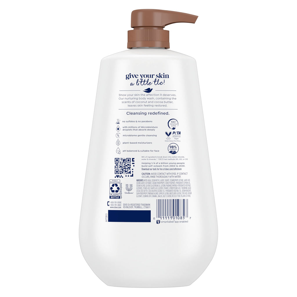 Dove Body Wash with Pump Restore Coconut & Cocoa Butter for 24hr Lotion-Soft Skin Moisturizing Skin Cleanser with No Sulfates No Parabens 30.6 Oz