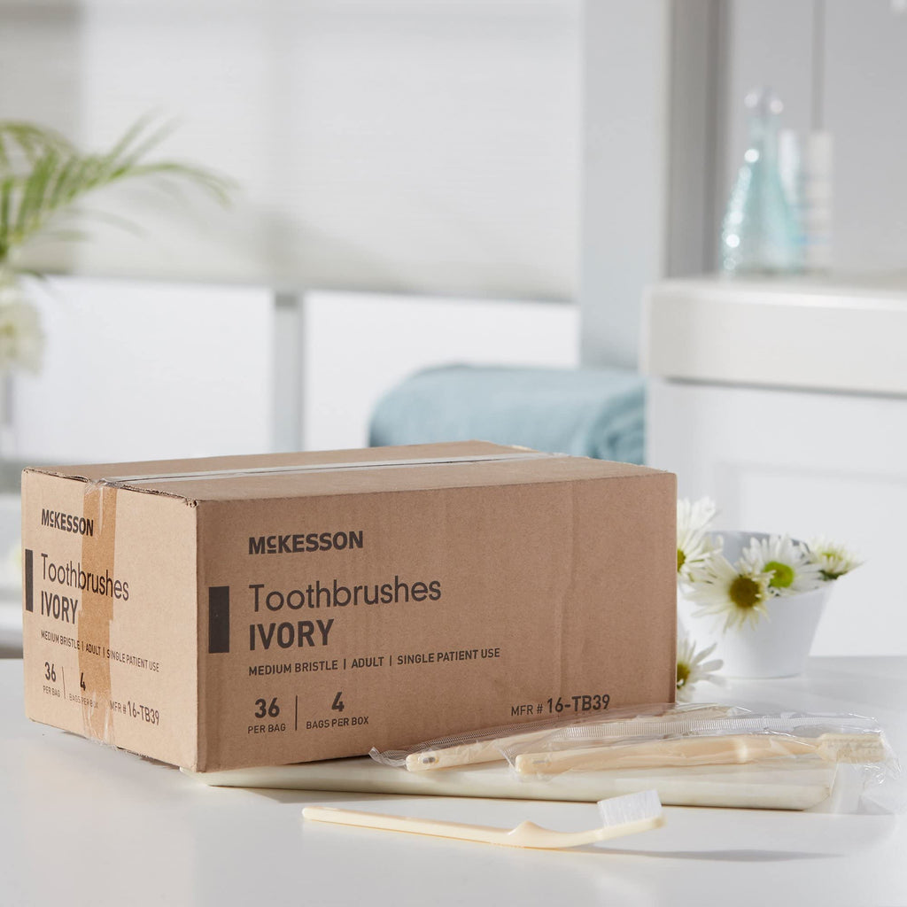 McKesson Toothbrush, Ivory, Medium Bristles, Curved, Individually Wrapped, 144 Count, 10 Packs, 1440 Total