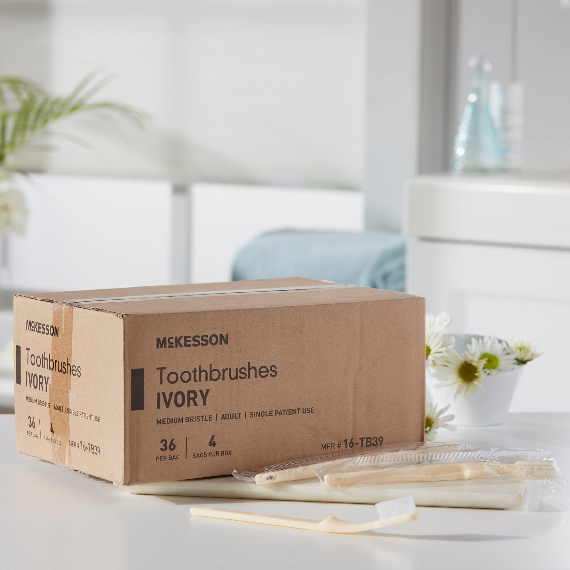 McKesson Toothbrush, Ivory, Medium Bristles, Curved, Individually Wrapped, 144 Count, 10 Packs, 1440 Total