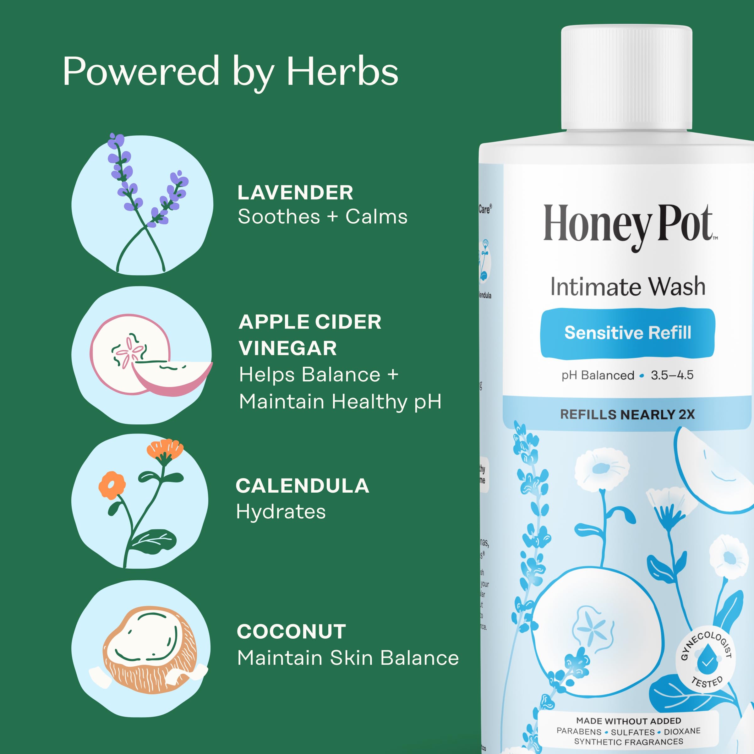 The Honey Pot Sensitive Feminine Wash Refill 10.5 Fl Oz 12-Pack