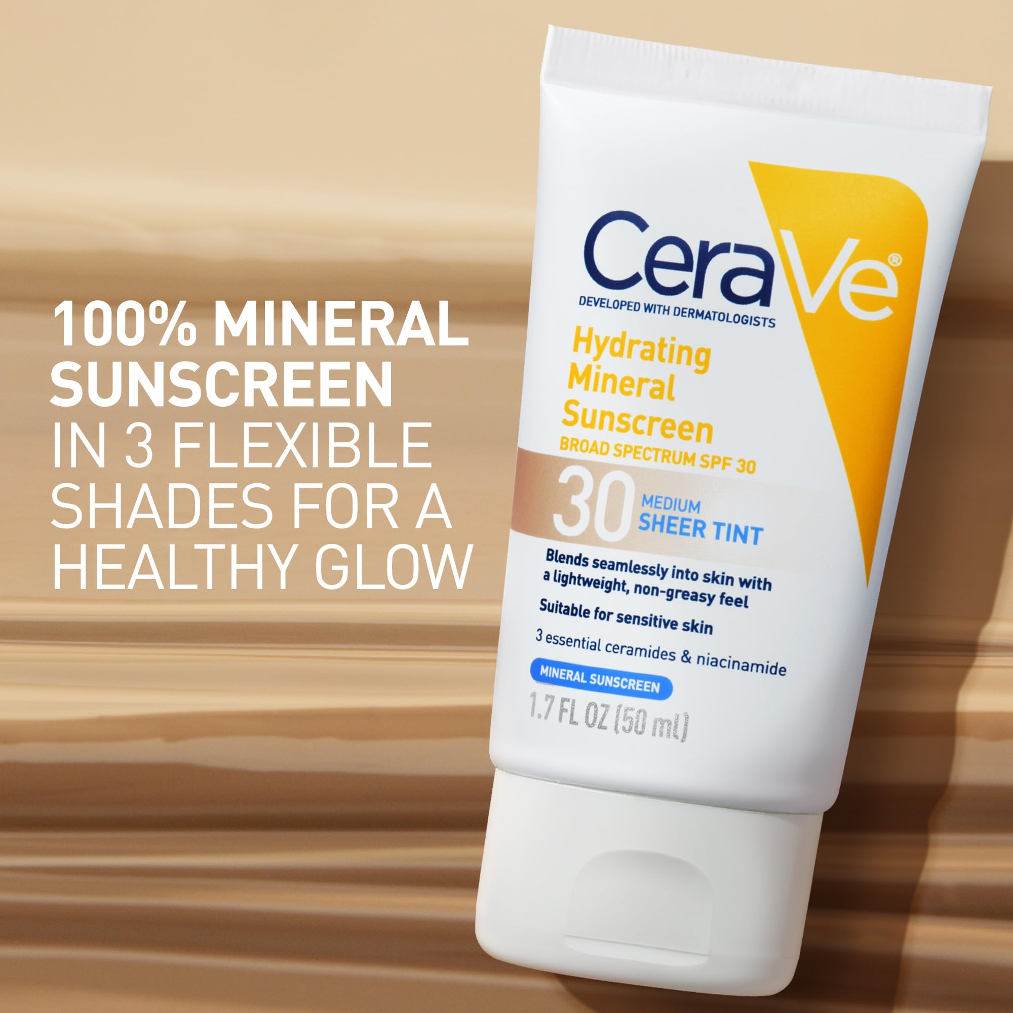 CeraVe Hydrating Mineral Sunscreen SPF 30 with Sheer Tint | Tinted Mineral Sunscreen with Zinc Oxide & Titanium Dioxide | Blends Seamlessly For Healthy Glow | 1.7 Fluid Ounce