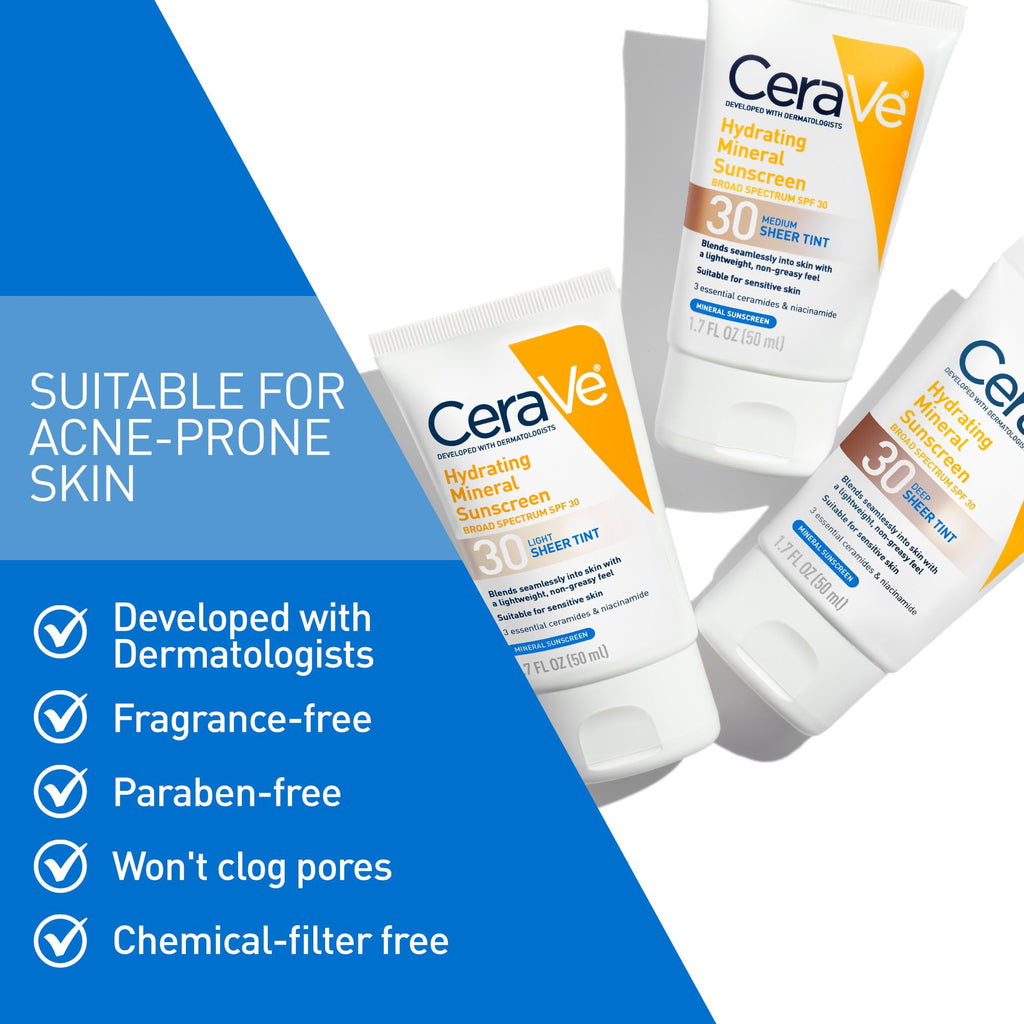 CeraVe Hydrating Mineral Sunscreen SPF 30 with Sheer Tint | Tinted Mineral Sunscreen with Zinc Oxide & Titanium Dioxide | Blends Seamlessly For Healthy Glow | 1.7 Fluid Ounce
