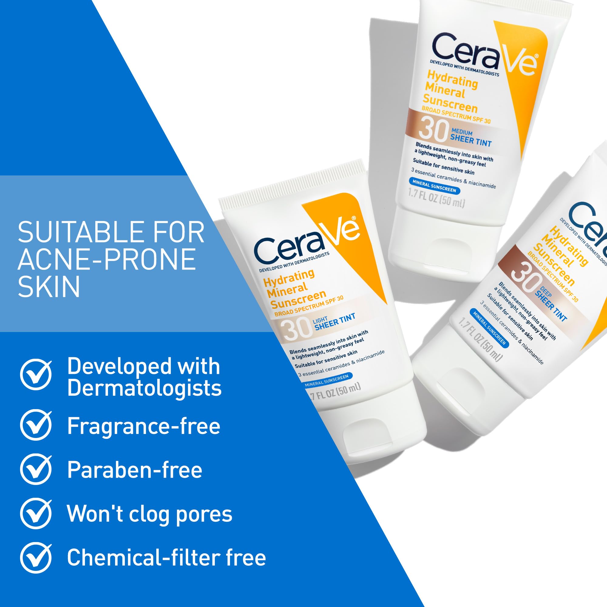 CeraVe Hydrating Mineral Sunscreen SPF 30 with Sheer Tint | Tinted Mineral Sunscreen with Zinc Oxide & Titanium Dioxide | Blends Seamlessly For Healthy Glow | 1.7 Fluid Ounce