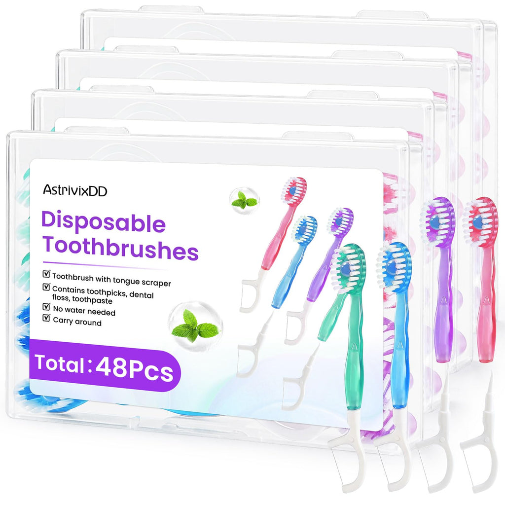 AstrivixDD 5-in-1 Mini Toothbrush Disposable, Waterless Disposable Toothbrushes with Toothpaste, Floss, Tongue Scraper, Toothpick, Prepasted Toothbrushes for Travel Hotel