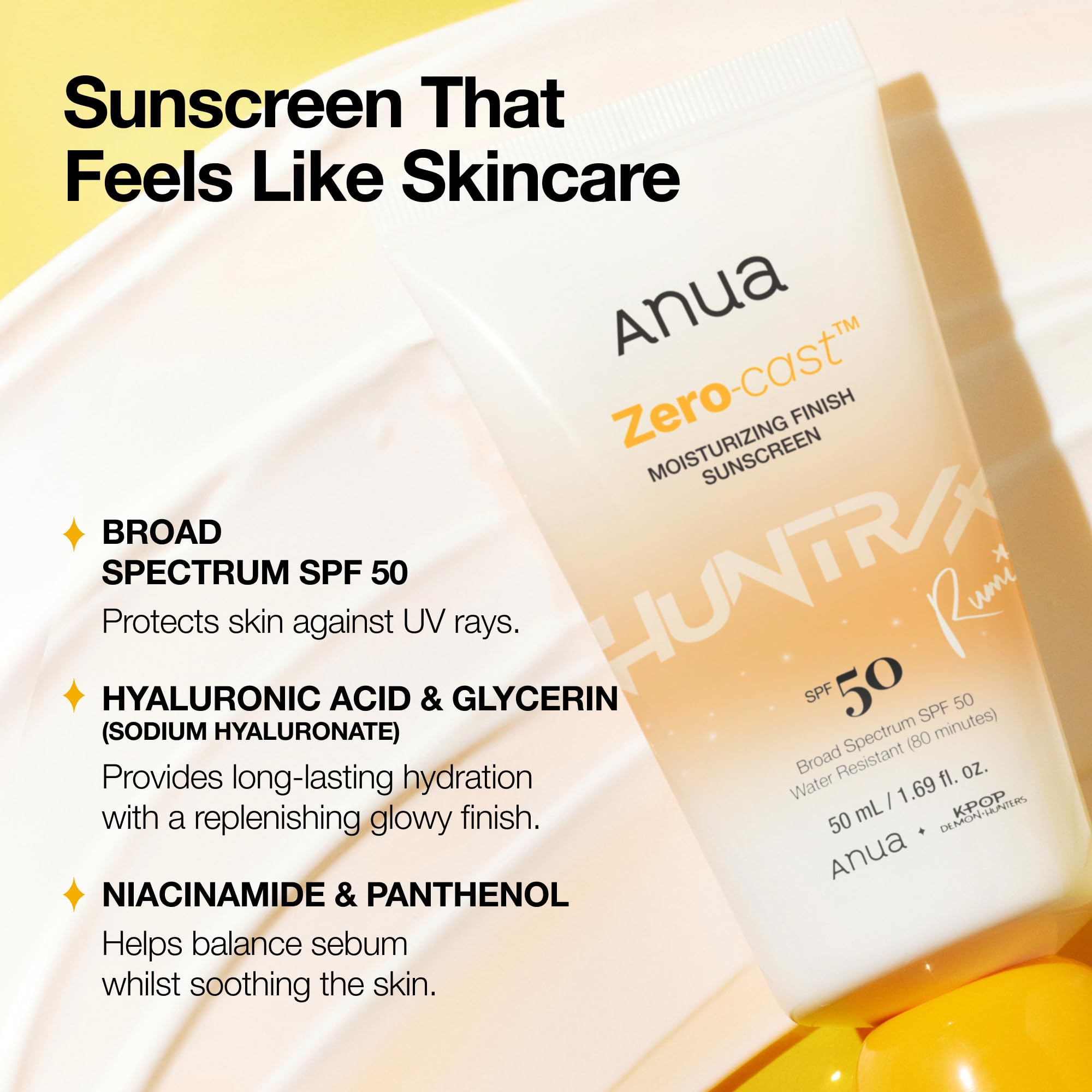 Anua Zero-Cast Moisturizing Sunscreen SPF 50, Glow Natural Sunscreen for face 1.69fl.oz