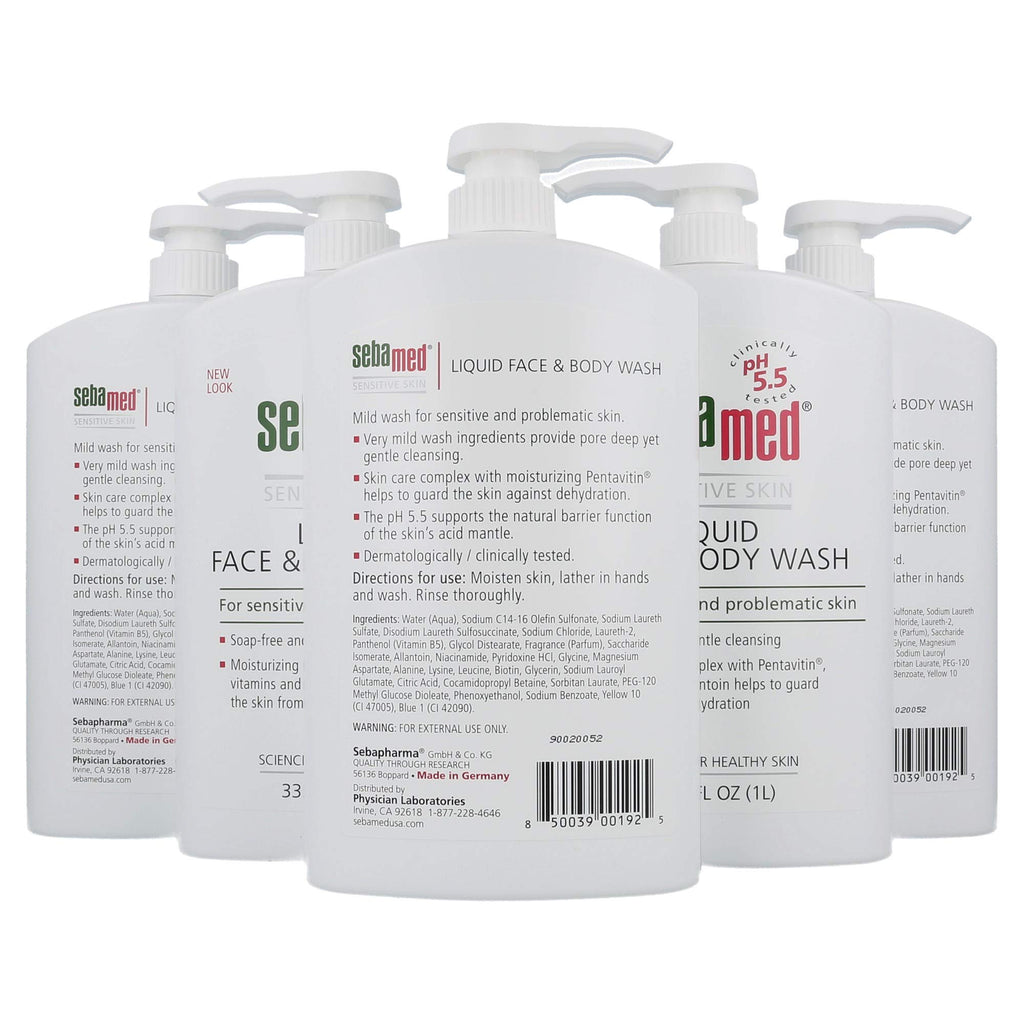Sebamed Paraben-Free Face and Body Wash With Pump for Sensitive and Delicate Skin pH 5.5 Ultra Mild Dermatologist Recommended Cleanser 33.8 Fluid Ounces (1 Liter) Pack of 5