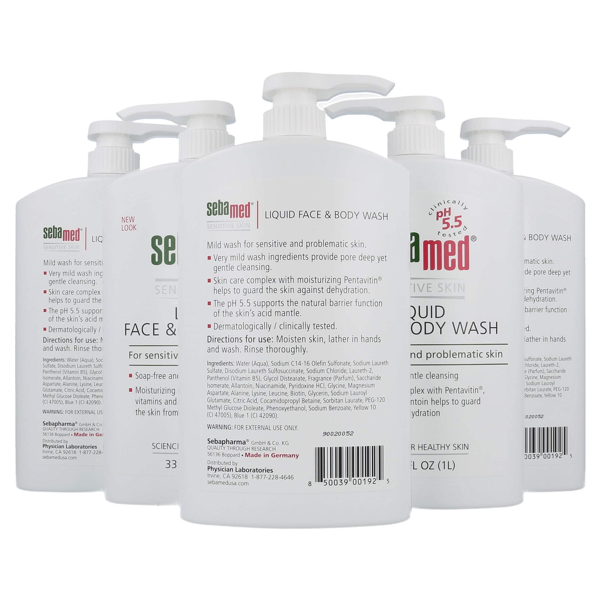 Sebamed Paraben-Free Face and Body Wash With Pump for Sensitive and Delicate Skin pH 5.5 Ultra Mild Dermatologist Recommended Cleanser 33.8 Fluid Ounces (1 Liter) Pack of 5