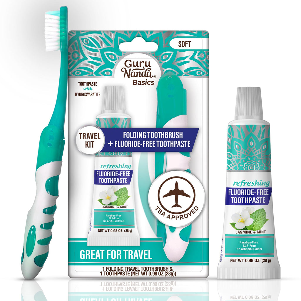GuruNanda Folding Toothbrush with Built-in Cover & Toothpaste with Hydroxyapatite, Perfect for Travel, Compact & Portable, On-The-go - Soft Bristles & Ergonomic Handle, for Adults & Kids (Parent)