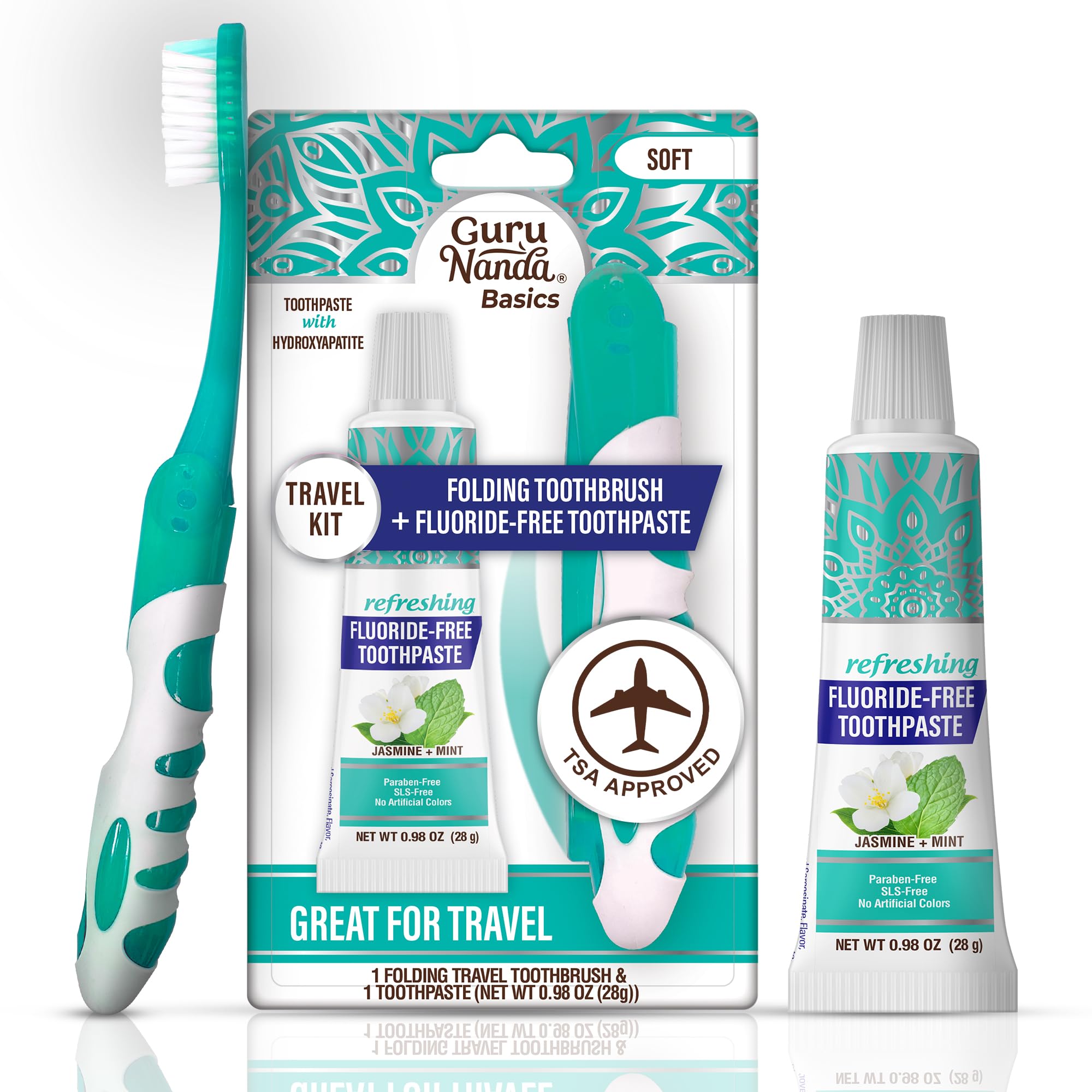 GuruNanda Folding Toothbrush with Built-in Cover & Toothpaste with Hydroxyapatite, Perfect for Travel, Compact & Portable, On-The-go - Soft Bristles & Ergonomic Handle, for Adults & Kids (Parent)