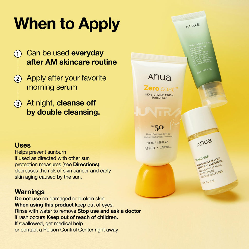 Anua Zero-Cast Moisturizing Sunscreen SPF 50, Glow Natural Sunscreen for face 1.69fl.oz