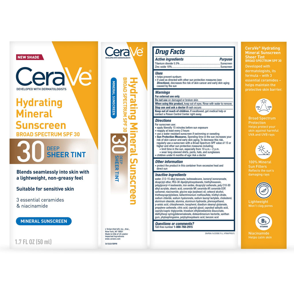 CeraVe Hydrating Mineral Sunscreen SPF 30 with Sheer Tint | Tinted Mineral Sunscreen with Zinc Oxide & Titanium Dioxide | Blends Seamlessly For Healthy Glow | 1.7 Fluid Ounce