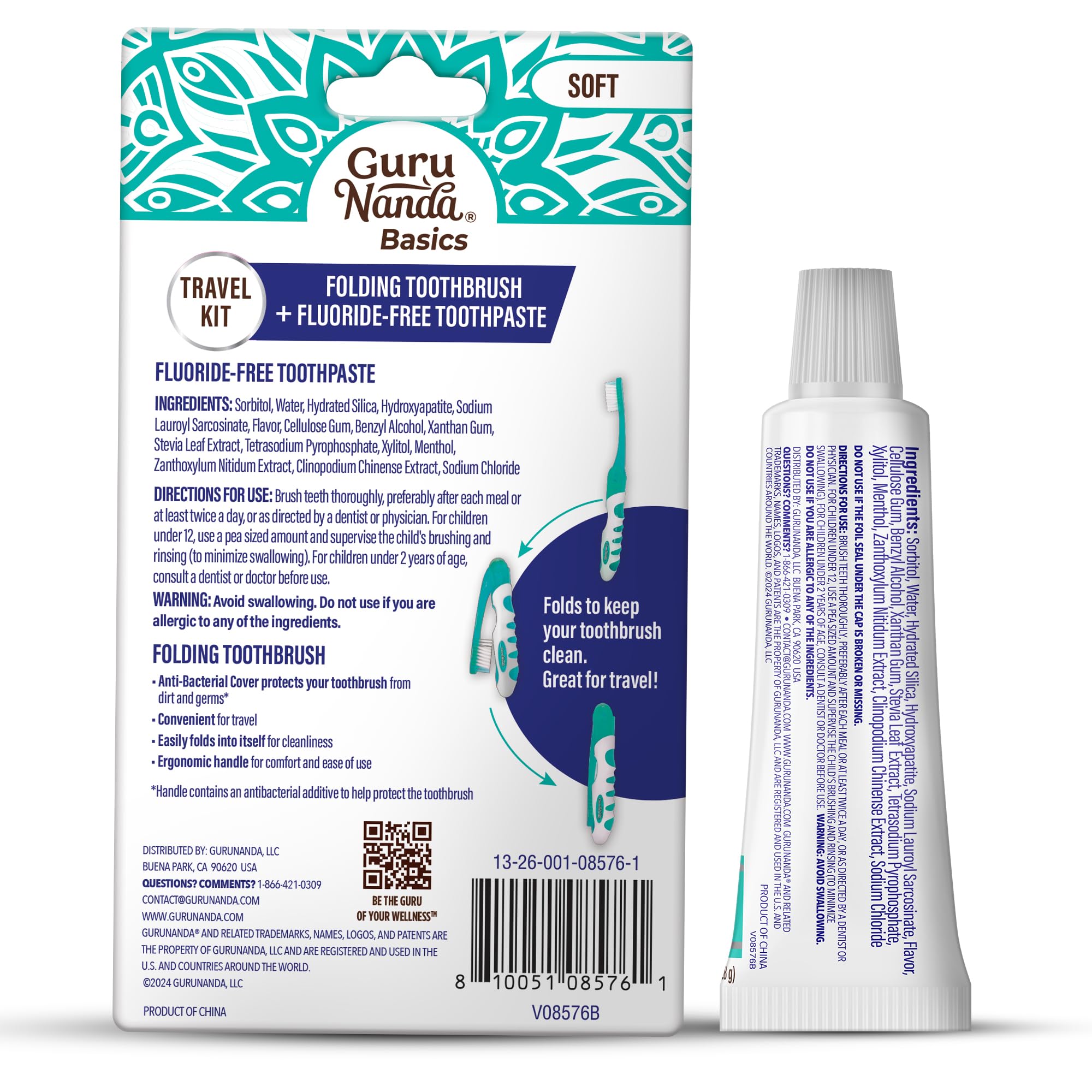 GuruNanda Folding Toothbrush with Built-in Cover & Toothpaste with Hydroxyapatite, Perfect for Travel, Compact & Portable, On-The-go - Soft Bristles & Ergonomic Handle, for Adults & Kids (Parent)